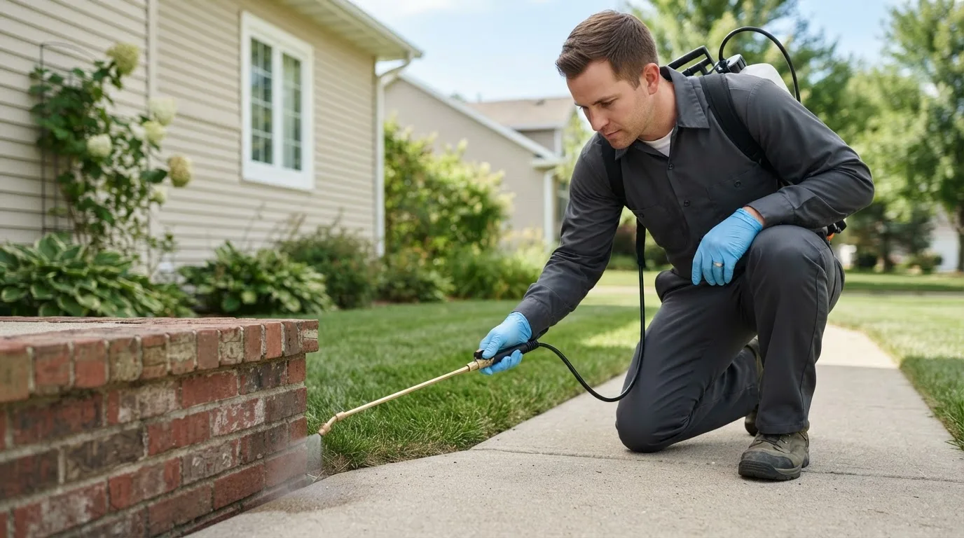 Pest control technician treating a home near Cedar Creek, NE
