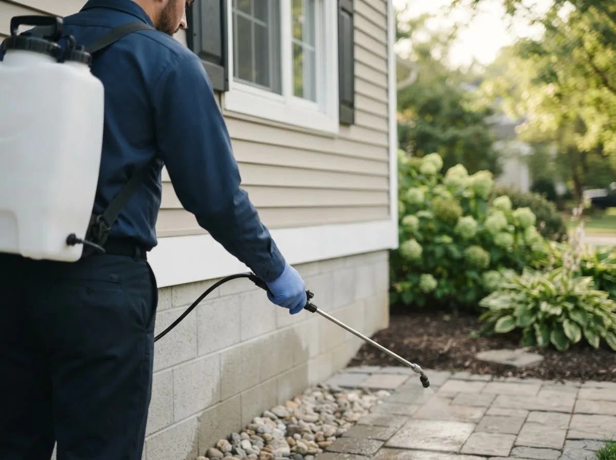 Pest control technician inspecting a home in Cedar Creek, NE